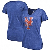 Women's New York Mets Fanatics Branded Primary Distressed Team Tri Blend V Neck T-Shirt Heathered Royal FengYun